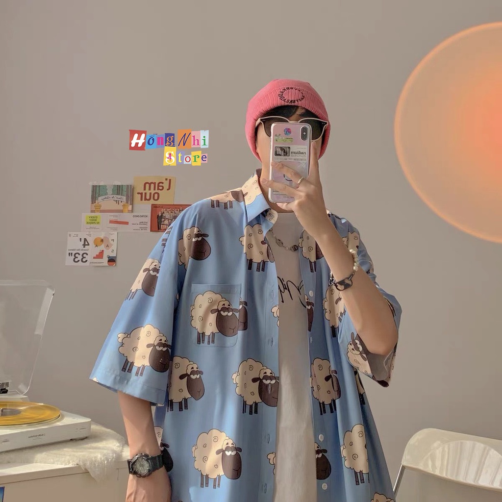 Áo Sơ Mi Họa Tiết Đi Biển Con Cừu Hoạt Hình Tay Lỡ Dáng Rộng Ulzzang Unisex - MM