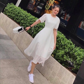 Đầm cam tay nơ (kèm hình thật)