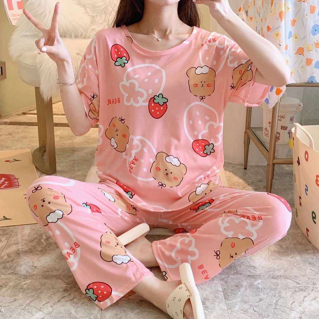 Set đồ bộ ngủ nữ mặc nhà ulzzang pijama Dâu Đỏ Gấu Bông DN131