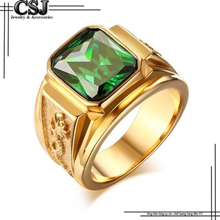 Nhẫn inox nam mạ vàng đá xanh lá cây thời trang