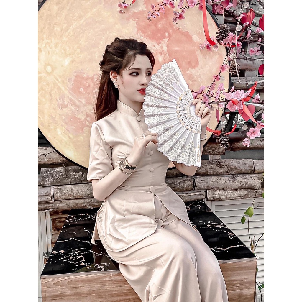 Đồ Lam Đi Chùa Mẫu Nút Bọc Có Dây Cột Eo MÀU NUDE