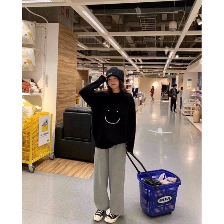 Set bộ áo nỉ sweater nữ thu đông SMILE màu đen tặng quần xám, chất nỉ dày dặn, ấm áp Nhungkudo