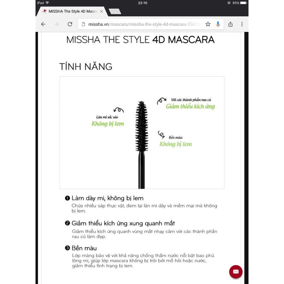 Mascara Missha 4D, Chuốt mi mascara lâu trôi dày dài mi cong quyến rũ | BigBuy360 - bigbuy360.vn