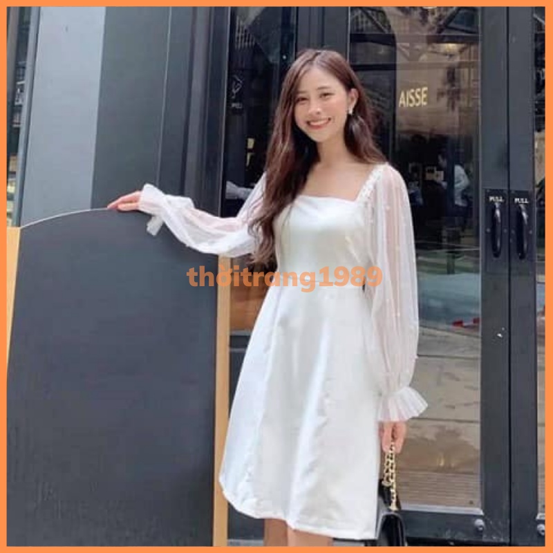 Váy trắng đính ngọc dài tay . Đầm dự tiệc dáng xoè ulzzang  MÂY_1989