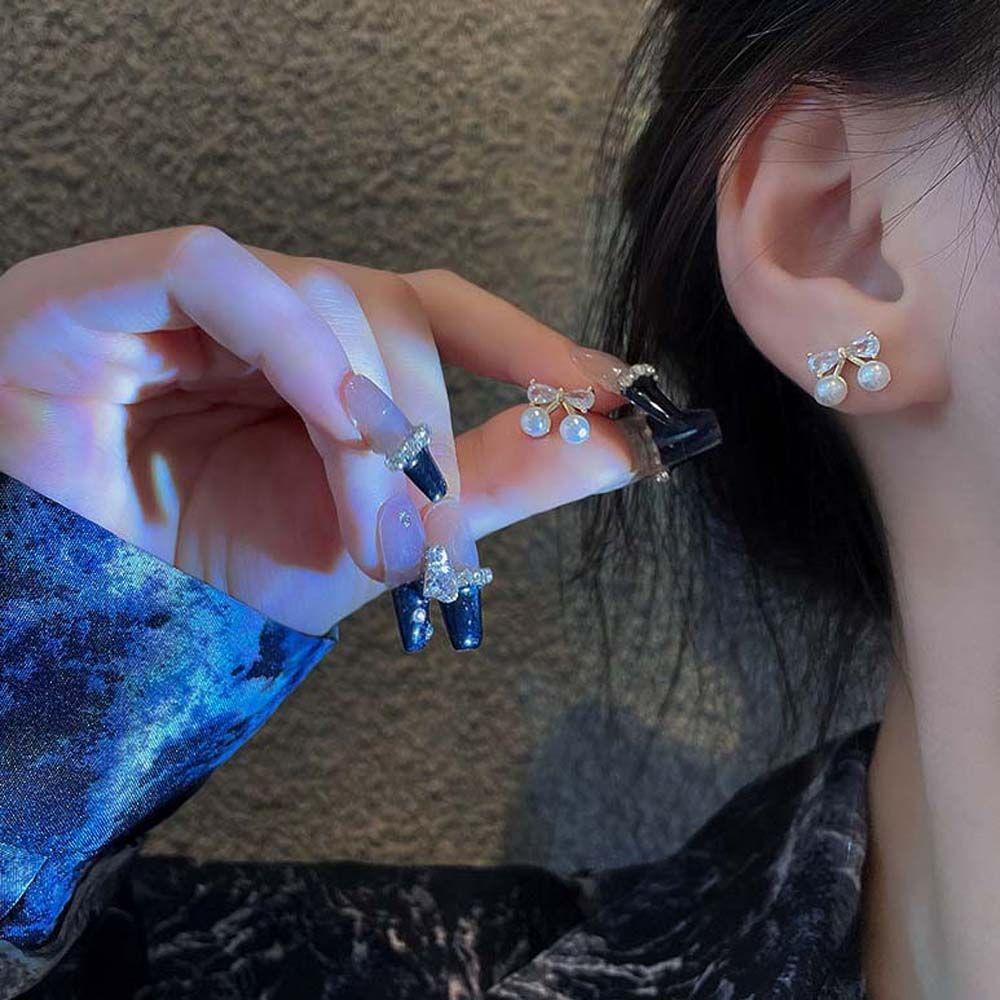 Khuyên Tai Móc Đính Ngọc Trai / Cherry Zircon Phong Cách Hàn Quốc Cho Nữ