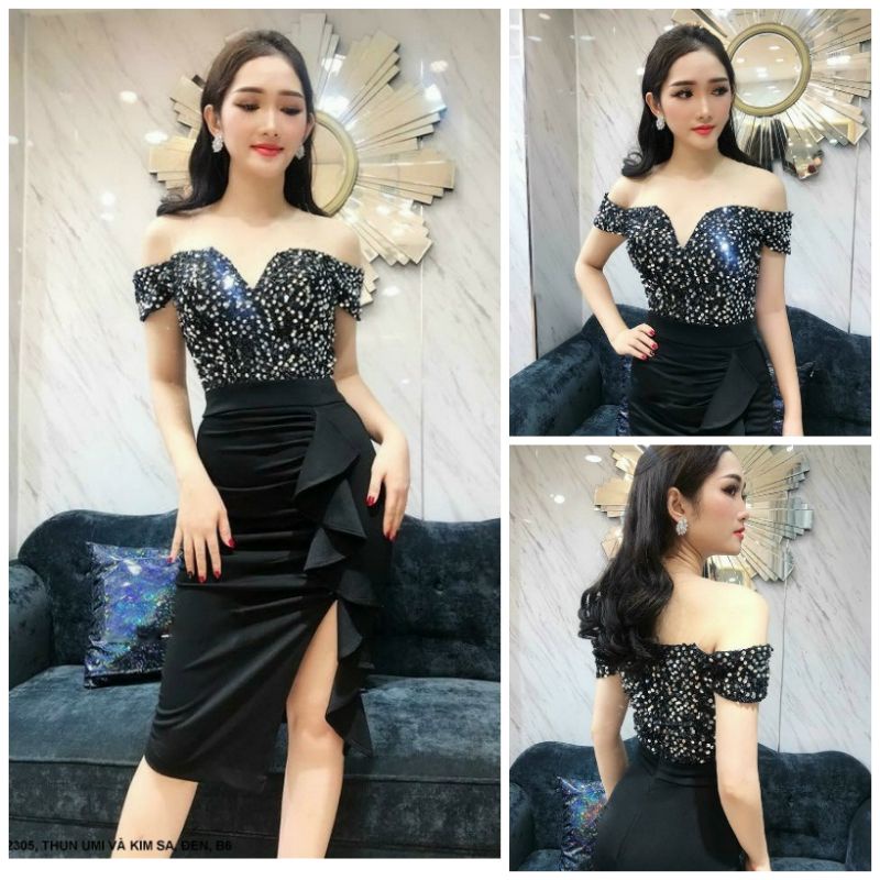 ĐẦM ÔM TRỄ VAI ĐÍNH KIM SA VÁY DÚN BÈO BÊN EO CAO CẤP TẶNG KÈM HOA TAI THỜI TRANG