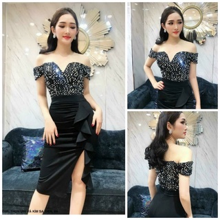 Đầm ôm trễ vai đính kim sa váy dún bèo bên eo cao cấp tặng kèm hoa tai thời trang