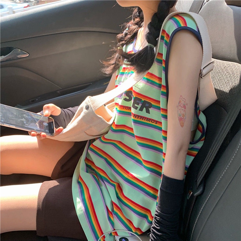 Áo Thun Nữ Không Tay Họa Tiết Sọc Ngang Thời Trang Dễ Phối Đồ