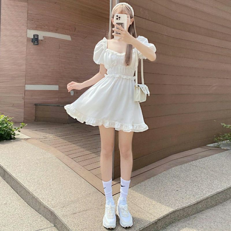 [Dress] Váy babydoll trắng ulzzang Hàn Quốc dáng xòe tay phồng lolita cổ áo vuông tim