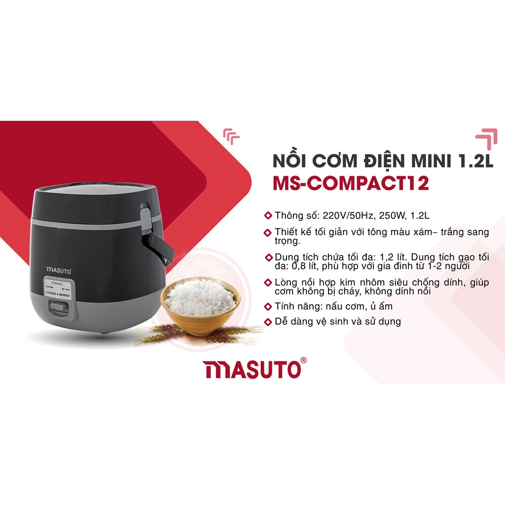 Nồi Cơm Điện Mini 1.2L Masuto MS-Compact12 , ruột dày dặn , nấu ngon siêu tốc, chín nhanh , 2 đến 4 người ăn , mimosa