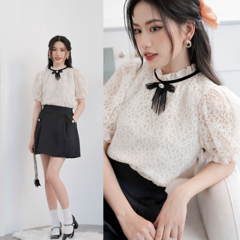 Áo ren nơ tiểu thư cổ nơ đen A206
