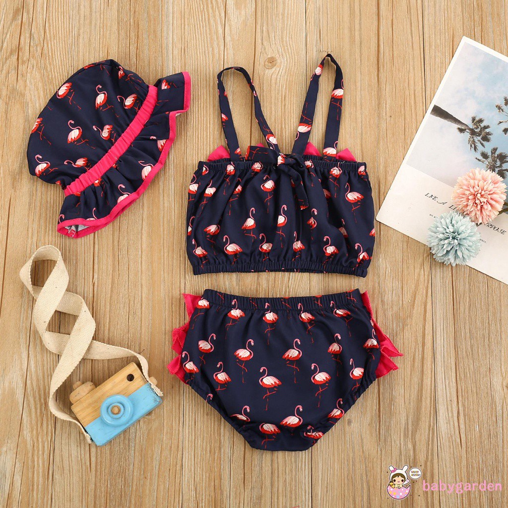 Bộ Đồ Bơi 3 Mảnh Hai Dây In Họa Tiết Chim Hồng Hạc Kèm Mũ Dành Cho Bé Gái