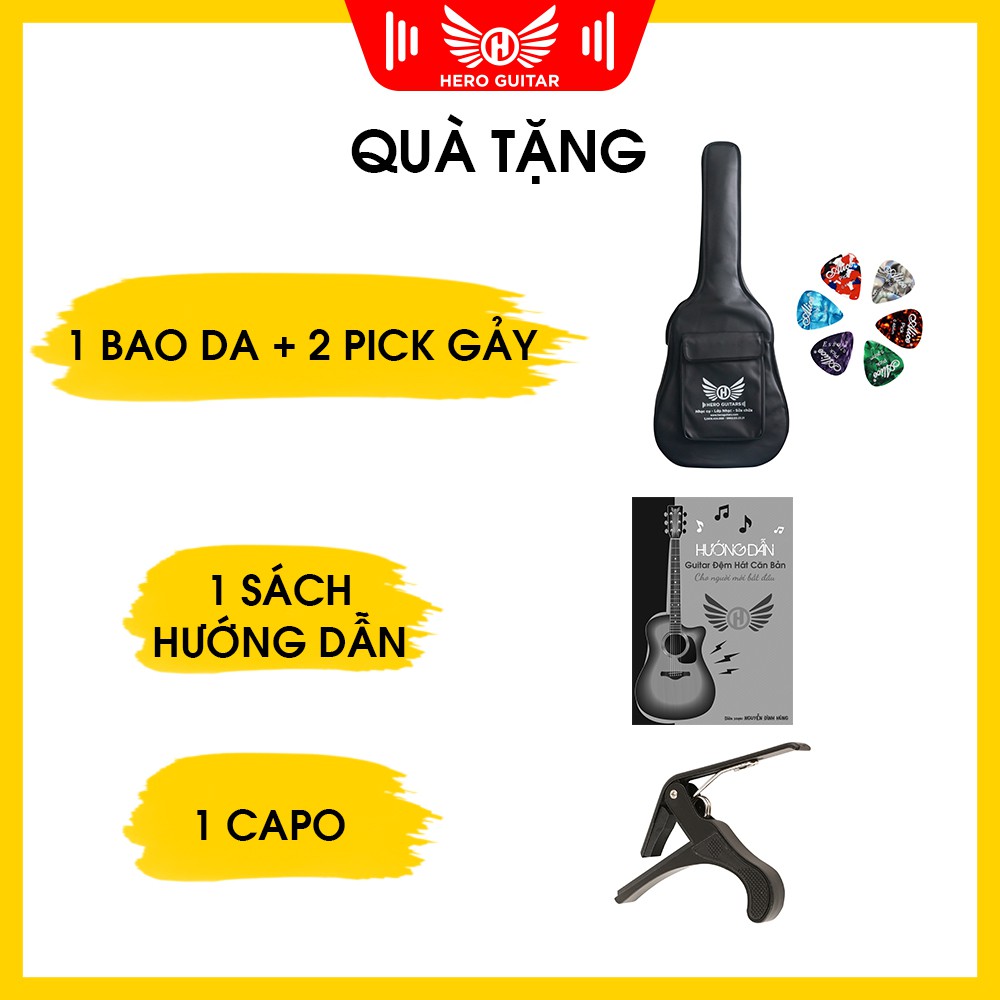 Guitar acoustic A6 ( tặng full phụ kiện) đàn guitar  acoustic gỗ điệp nguyên tấm, rẻ, xịn, mịn- Hero Guitar Đà Nẵng.