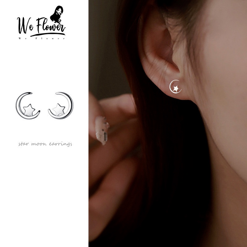 Khuyên tai WE FLOWER mạ bạc S925 mặt ngôi sao và mặt trăng phong cách Hàn Quốc thời trang