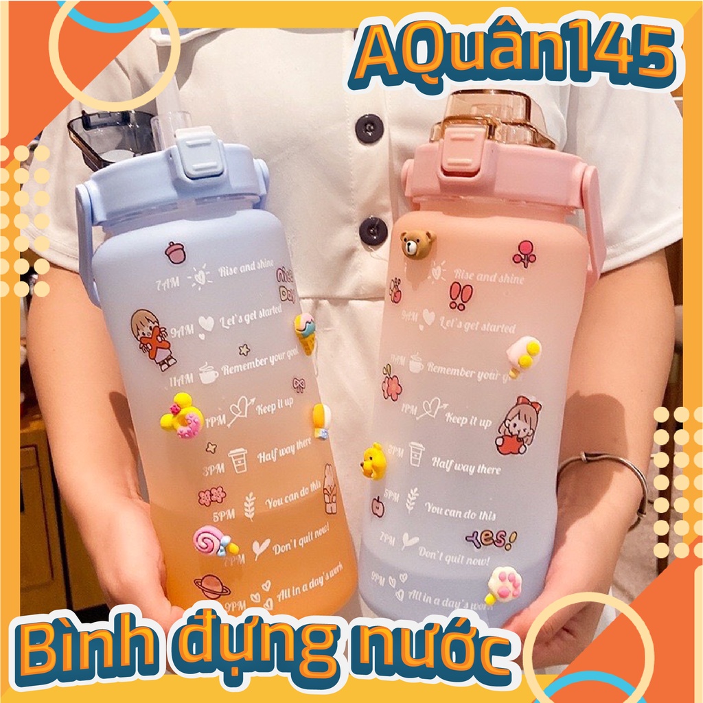 Bình nước 1.5L tặng Sticker dành cho người lười uống nước, có ống hút, vạch chia nhắc giờ