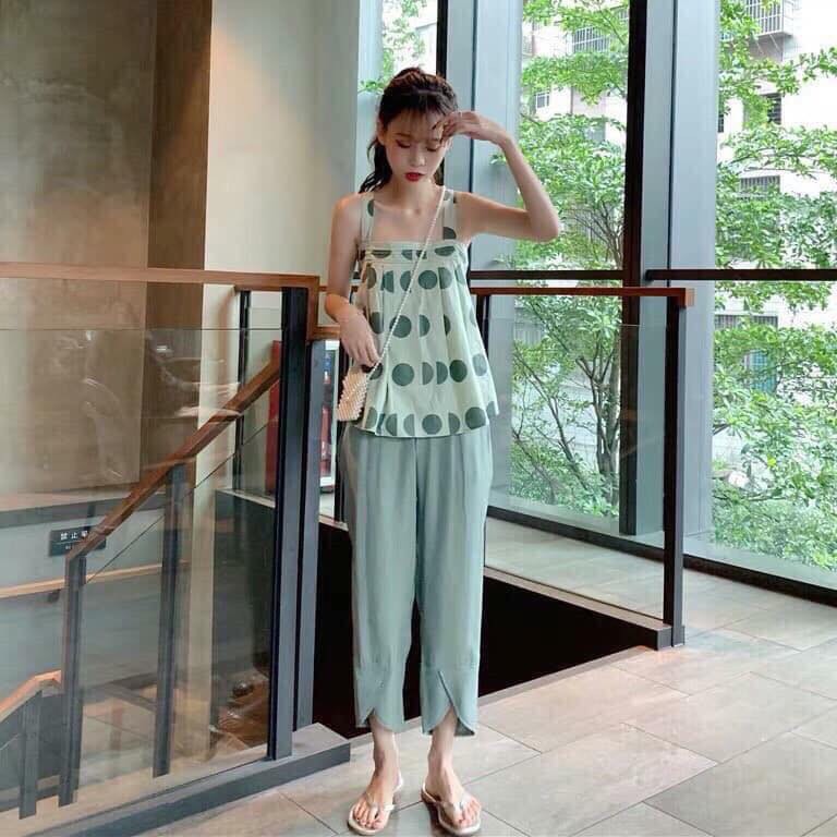 Set áo 2 dây chấm bi xanh