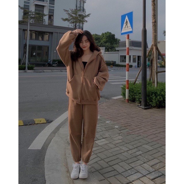 Set Bộ Nỉ Áo Khoác Quần Dài Set Bộ Nỉ Ngoại Tay Phồng Form Rộng Phong Cách Ulzzang Basic [Ảnh Thật]