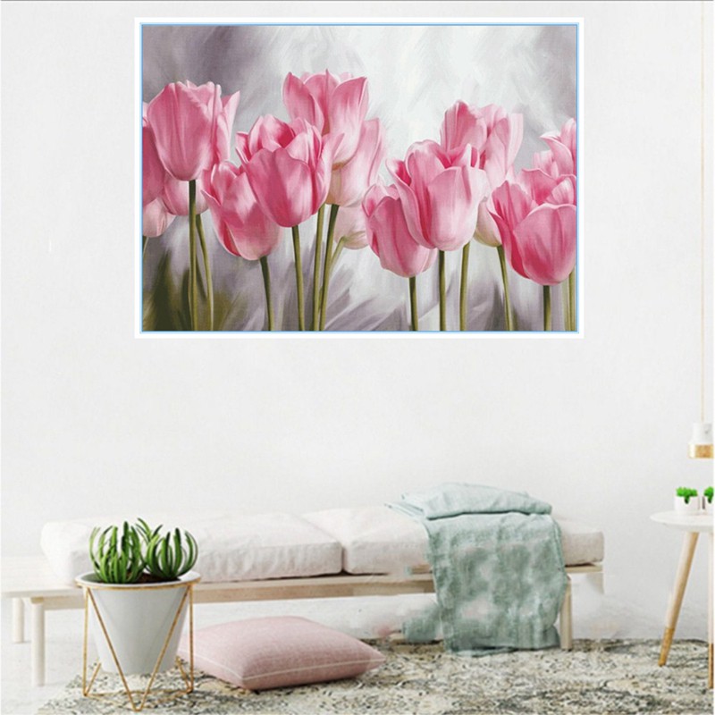 Tranh Đính Hạt Cườm Tự Làm Hình Hoa Tulip Màu Hồng