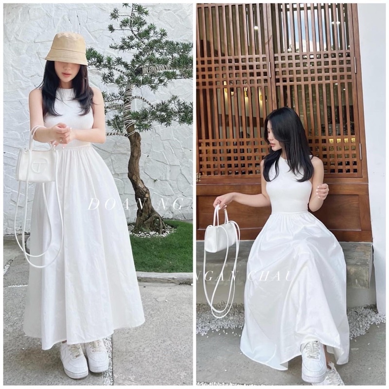 💕 ĐẦM MAXI XOÈ ĐI BIỂN PHỐI ÁO THUN GÂN CỘT NƠ LƯNG TRẮNG/ĐEN/XANH/NÂU MN💕GIMI