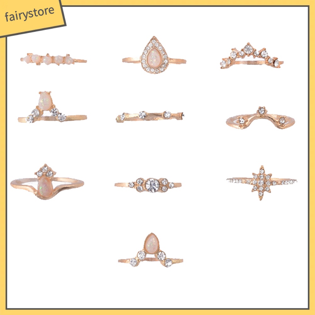Set 10 Nhẫn Đeo Đốt Ngón Tay Đính Đá Opal Nhân Tạo Thời Trang