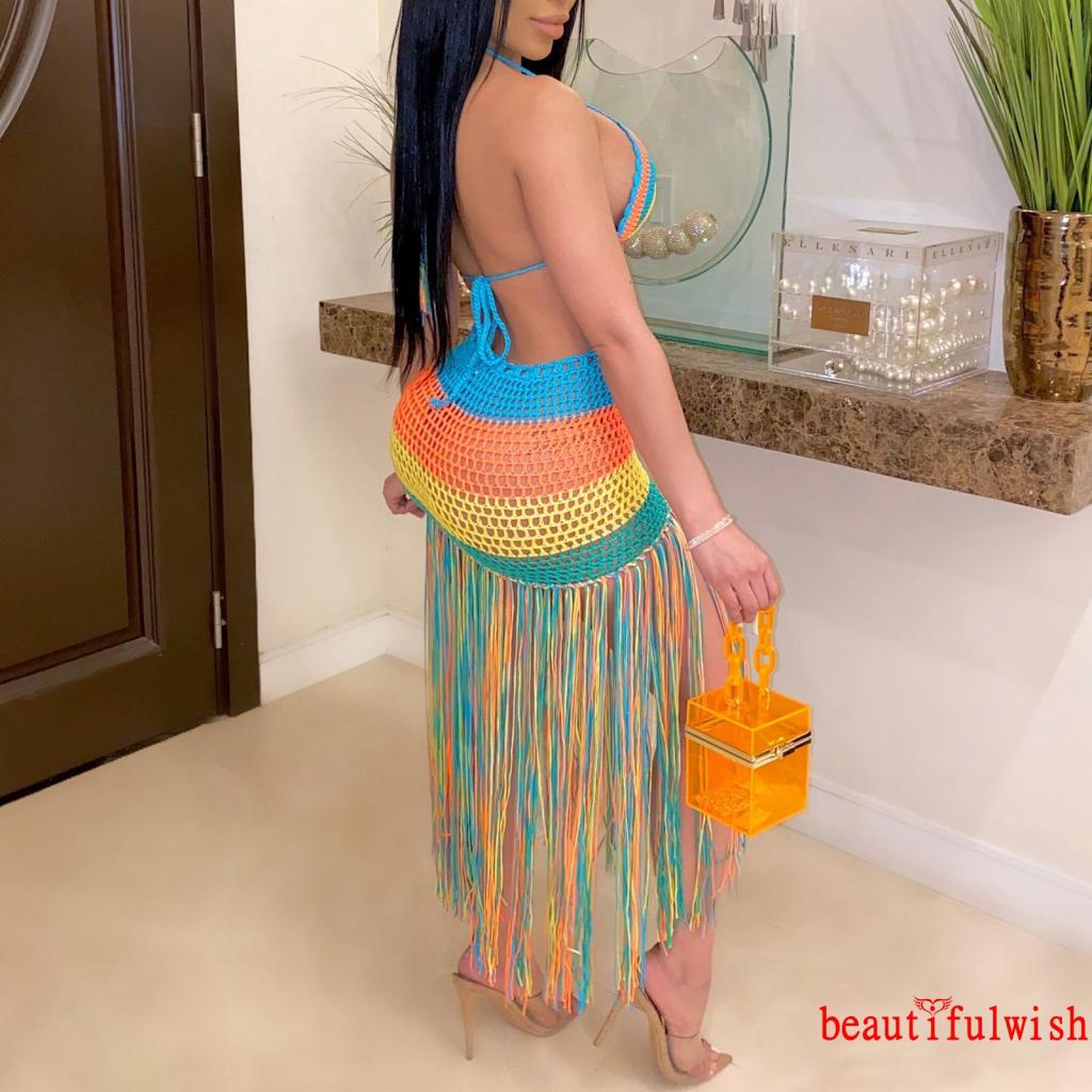 Bộ bikini cổ chữ V họa tiết kẻ sọc phối tua rua dài thời trang quyến rũ cho nữ
 | BigBuy360 - bigbuy360.vn