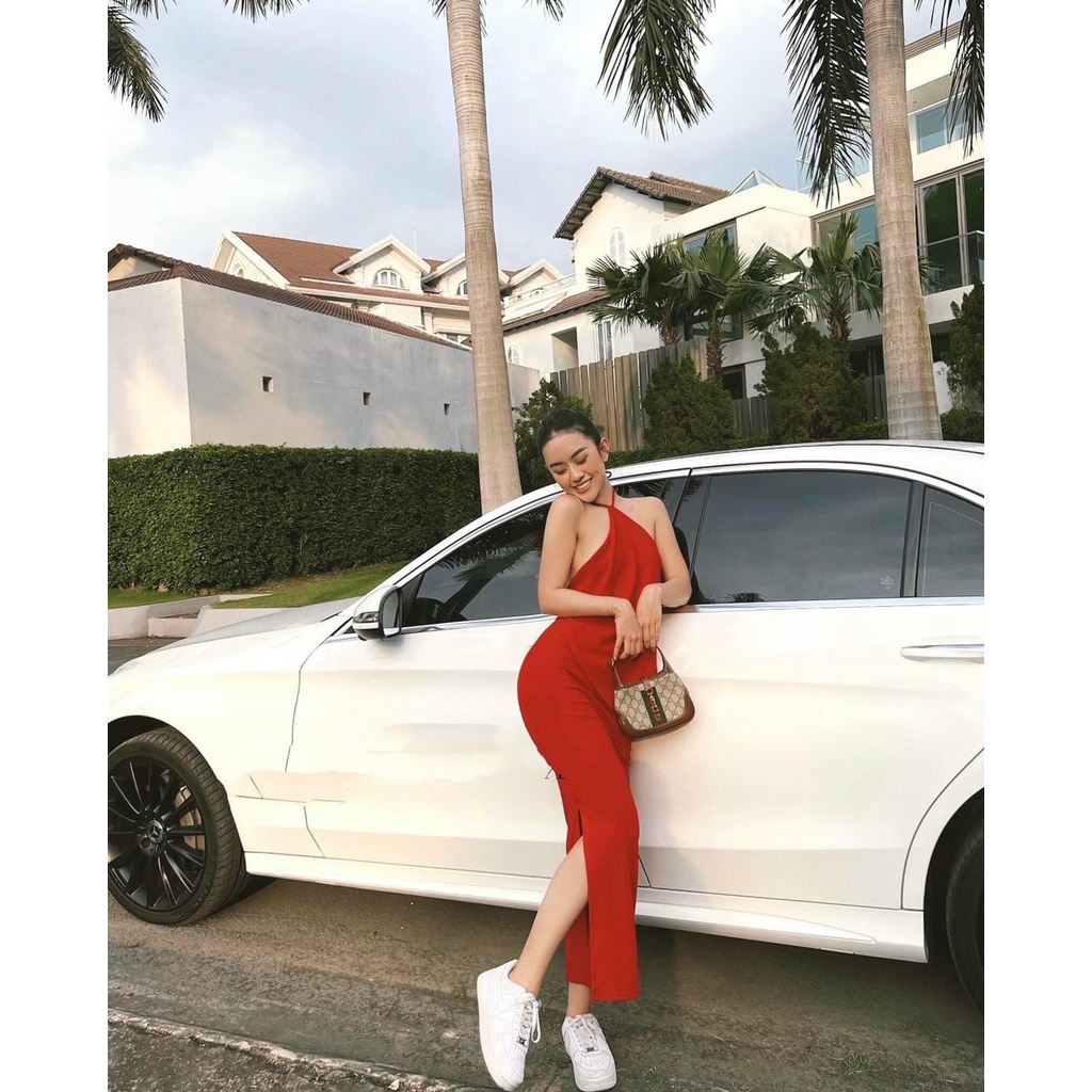 Đầm body dây kiểu yếm hở lưng maxi dáng dài xẻ tà bên sexy LY62