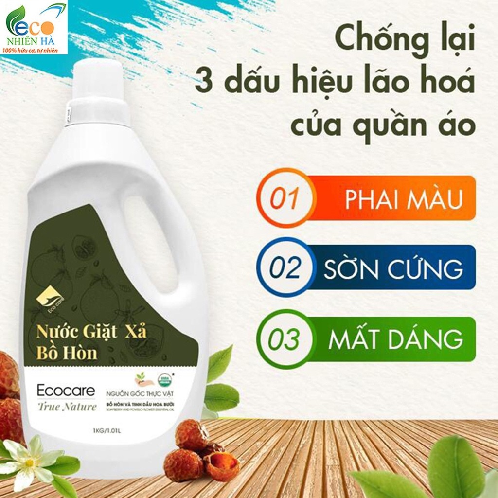 Nước giặt ECOCARE 1L tinh dầu bưởi hữu cơ bồ hòn, nước xả vải không phai quần áo