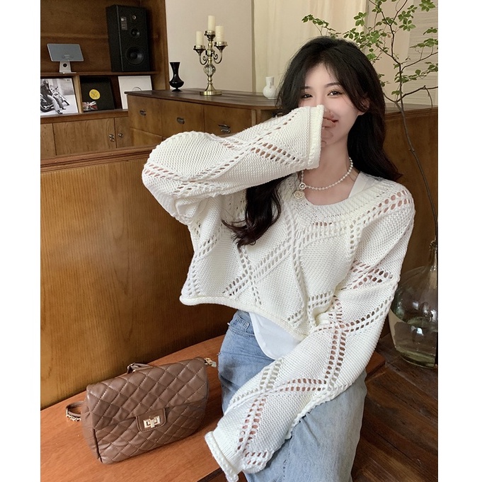 Porozi  Áo sweater dệt kim cổ v tay dài họa tiết hình thoi rỗng kiểu Hàn Quốc thời trang cho nữ