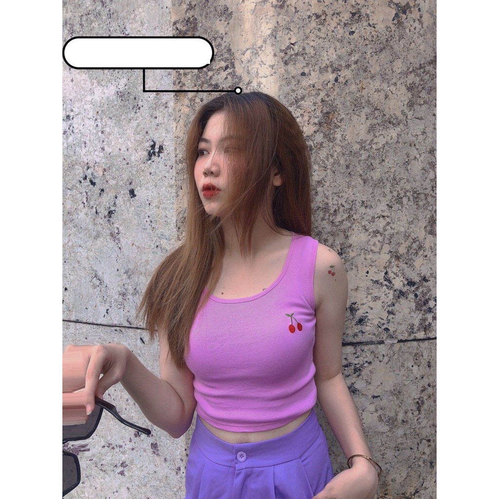 Áo kiểu cọc tay cổ tròn thêu trái cherry xinh xắn siêu xinh xắn