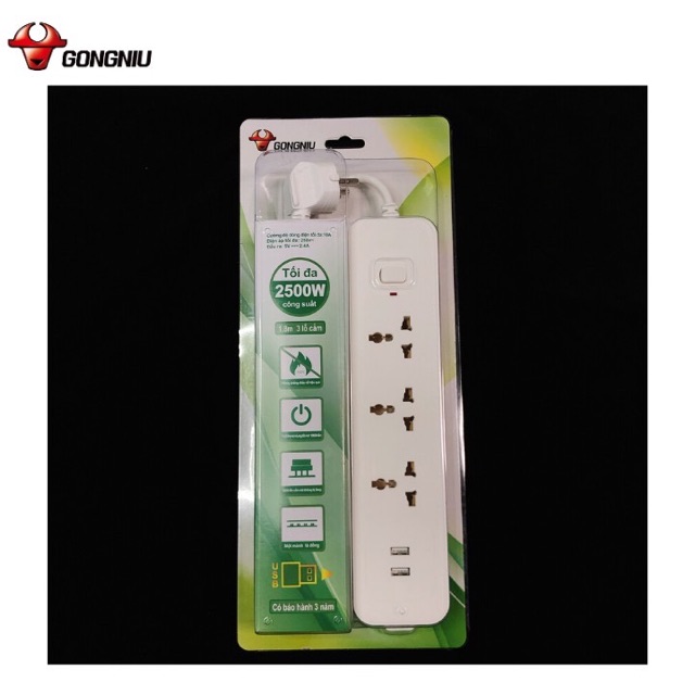 Ổ Cắm Điện Gongniu 3 Ổ Đa Năng + 2 USB 1 công tắc 2500W/10A Dây Dài 1.8M (N103U) - Chính Hãng