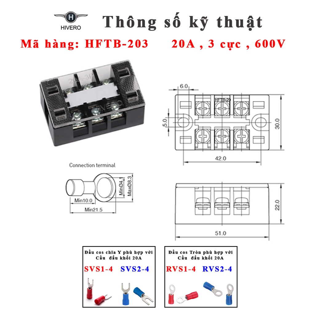 Domino khối 20A Hivero Hàn Quốc - Cầu đấu 20A dạng khối, HFTB-203 , HFTB-204 , HFTB-206  và đầu cos