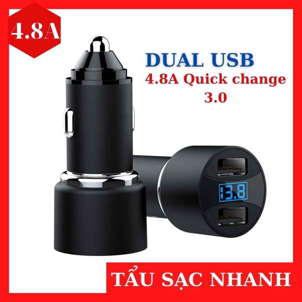 Tẩu sạc nhanh ô tô 4.8A 2 cổng usb sạc điện thoại trên ô tô siêu nhanh QC 3.0