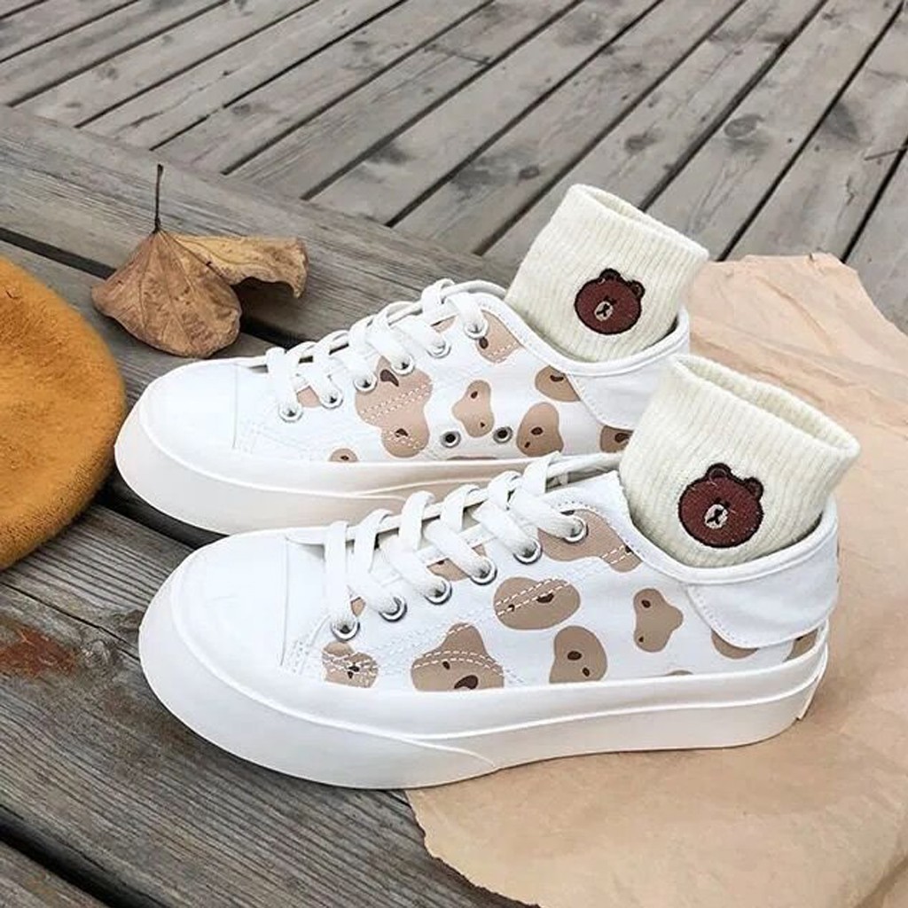 [CÓ SẴN 2021] Giày thể thao nữ Ulzzang gấu đế bằng bánh mì vải mềm màu đen trắng năng động trẻ trung hot trend đẹp