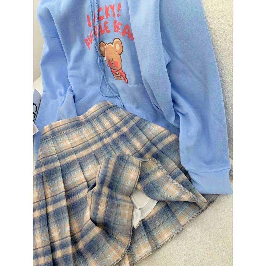 Set hoodie nữ, áo hoodie nữ có nón tông màu xanh trẻ trung kèm chân váy caro xếp ly dễ thương hàng cao cấp Diểm Shop | BigBuy360 - bigbuy360.vn