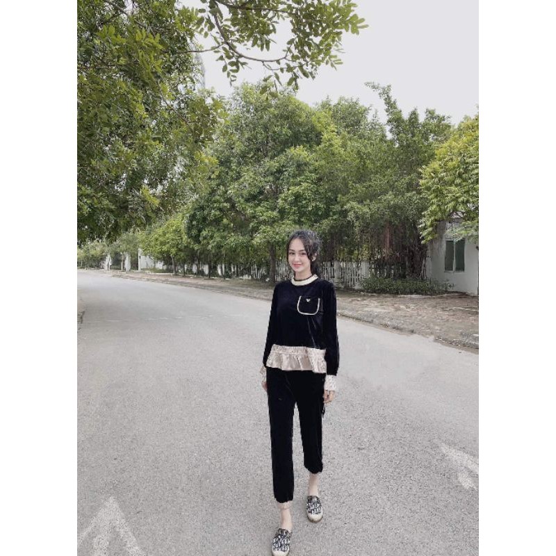 Bộ viền nâu cổ tròn áo baby dài tay - Sét bộ nhung pha viền túi ngực bánh bèo xinh xắn