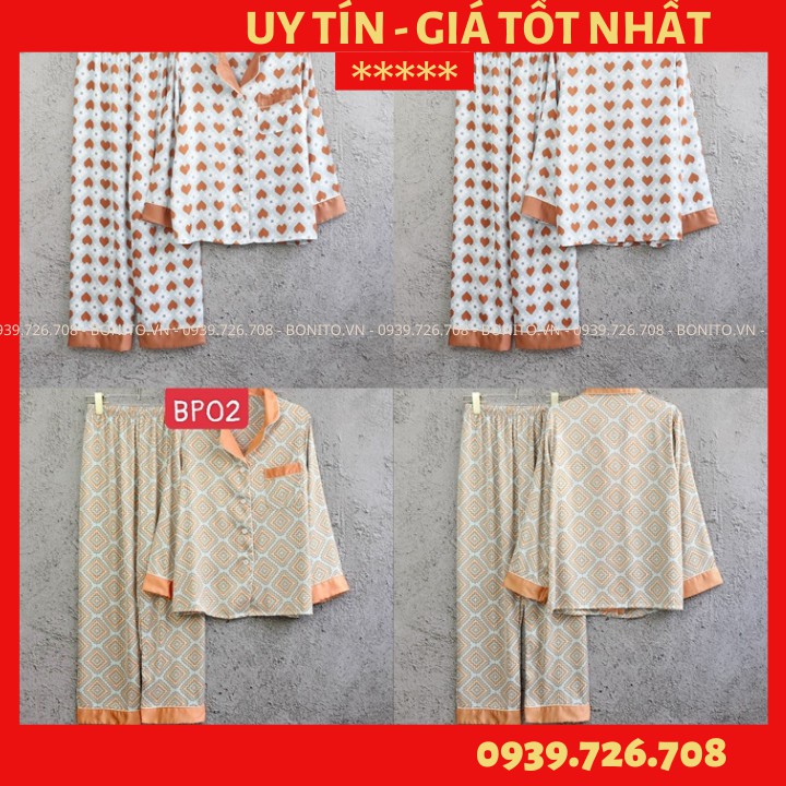 Đồ bộ mặc nhà cao cấp- Bộ đồ ngủ pijama lụa họa tiết viền màu quần dài tay dài cao cấp chất lụa mát rượi hàng đẹp chuẩn