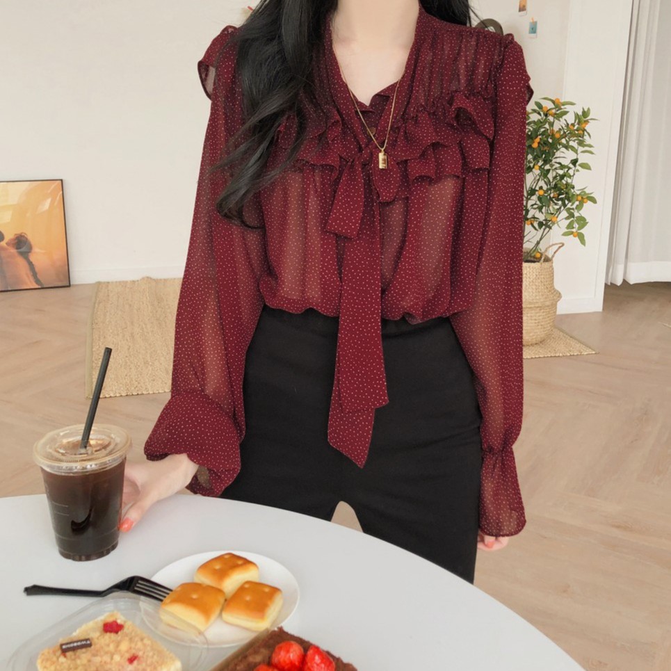 Áo voan tay dài phối bèo họa tiết chấm bi thanh lịch 27588