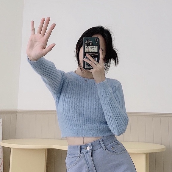 CARA Áo croptop Belle màu xanh/đen tay dài trẻ trung phù hợp du lịch dạo phố