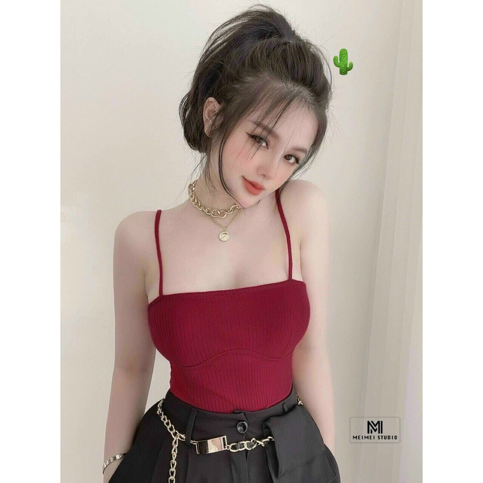 Áo hai dây croptop trơn có mút cực xinh , chất thun gân mềm mịn ( ảnh thật )