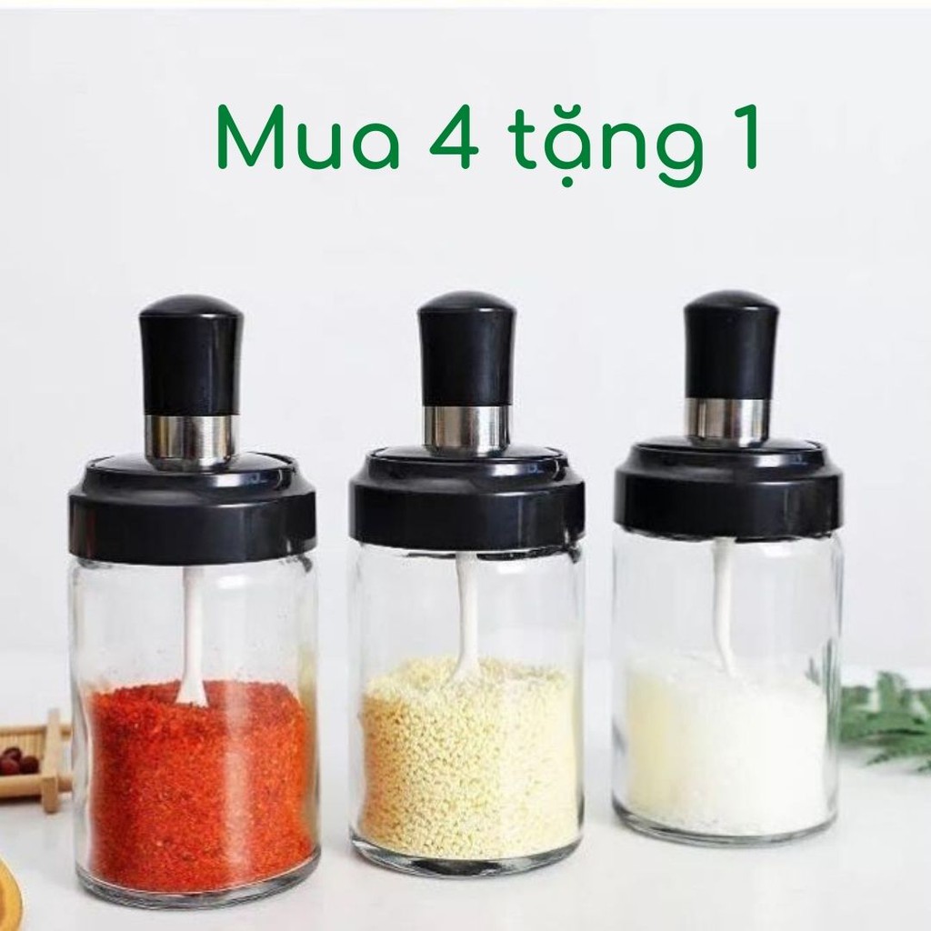 Hũ Đựng Gia Vị Thủy Tinh Cao Cấp Kèm Muỗng - Mua 4 Tặng 1