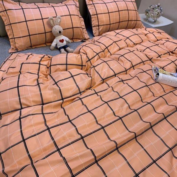 Chăn ga gối cotton poly nhập khẩu kẻ hồng bộ 4 món Chăn, ga , 2 vỏ gối Happy Bedding