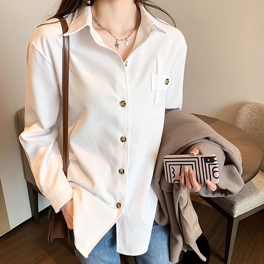 Áo Sơ Mi Tay Dài Dáng Rộng Màu Sắc Đơn Giản Thời Trang Cho Nữ