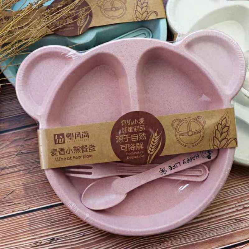 Khay ăn dặm lúa mạch 3 ngăn kèm thìa, dĩa