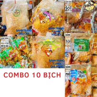 Combo 10 bịch bánh tráng tỏi rong biển, mix bò gà, siêu cay, tỏi chà bông, phô mai, mix khô bò, thập cẩm sốt chanh dây
