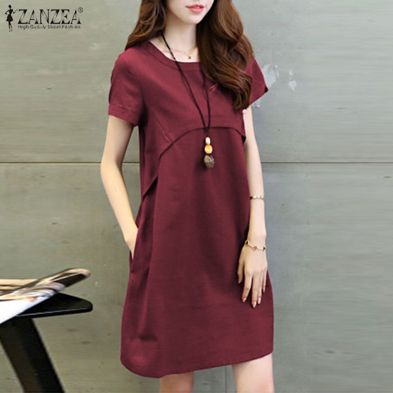 ZANZEA Đầm Mini Cổ Tròn Tay Ngắn Màu Trơn Dáng Rộng Thời Trang Cho Nữ