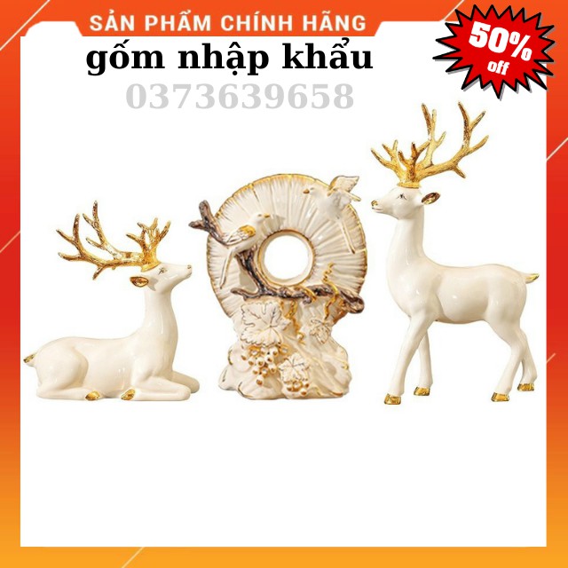 [ GỐM NHẬP KHẨU ]  Bộ 3 Tượng Hươu Sừng Vàng Và Chim - Gốm Sứ Trắng Viền Vàng- DECOR Bàn ,Tủ ,Sang Chảnh ,Đẹp- Độc Lạ