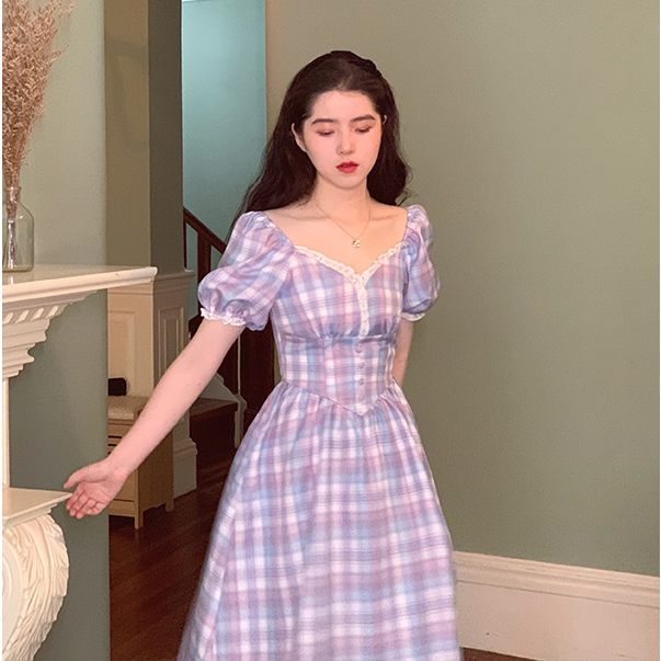 Purple Plaid Lace Temperament Dress French Retro High Waist Show Plaid Dress Mid-length Elegant Dress | BigBuy360 - bigbuy360.vn