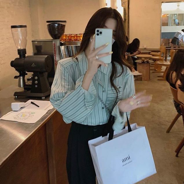 Áo sơ mi tay dài in sọc vàng thời trang Hàn Quốc dành cho nữ