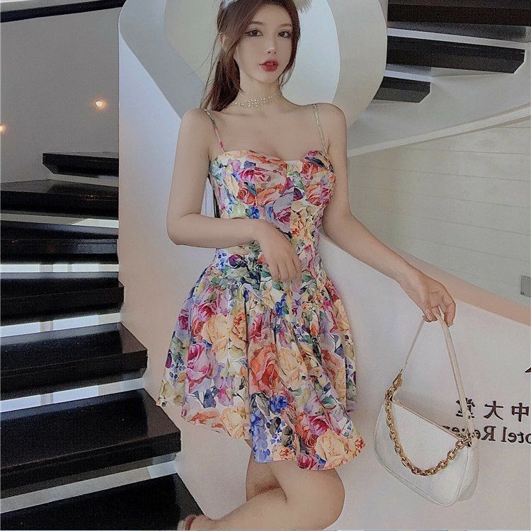 Đầm Hai Dây Dáng Ôm In Hoa Phong Cách Pháp Cổ Điển Thời Trang Cho Nữ