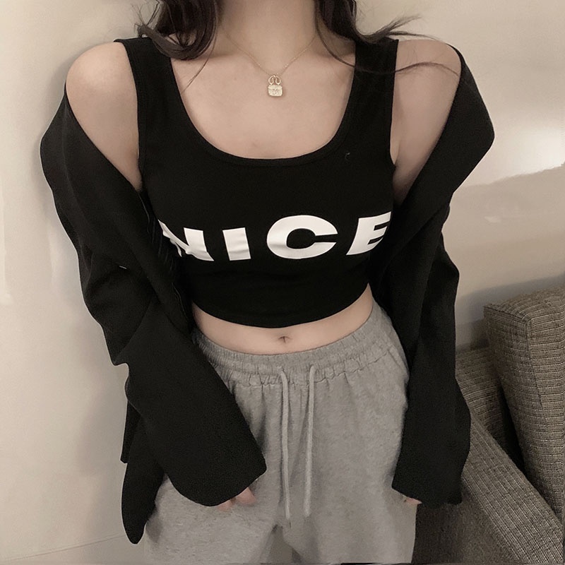 Cocory vn Áo Lửng Không Tay In Chữ Thời Trang Gợi Cảm Cho Nữ